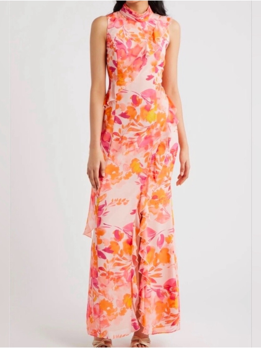 Eliza J Sleeveless Floral Ruffle Chiffon Maxi Dress Size 10 NWT $198 Romantic